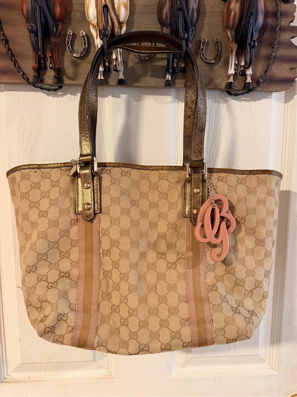 Gucci Beige Canvas Tote with Pink Stripe and Gold Handles